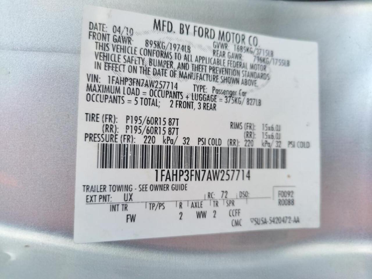 Photo 10 from auction – 2010 FORD FOCUS SE with VIN 1FAHP3FN7AW257714