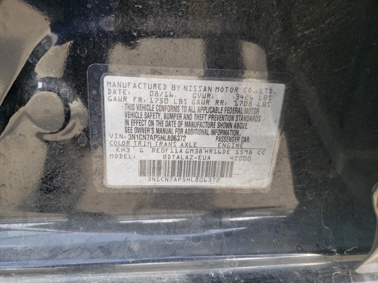 Photo 10 from auction – 2017 NISSAN VERSA S with VIN 3N1CN7AP5HL806372
