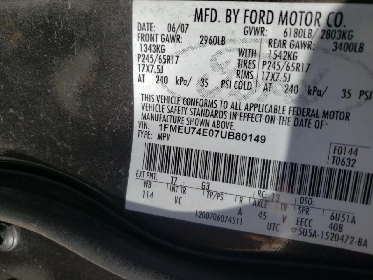 Photo 10 from auction – 2007 FORD EXPLORER E with VIN 1FMEU74E07UB80149
