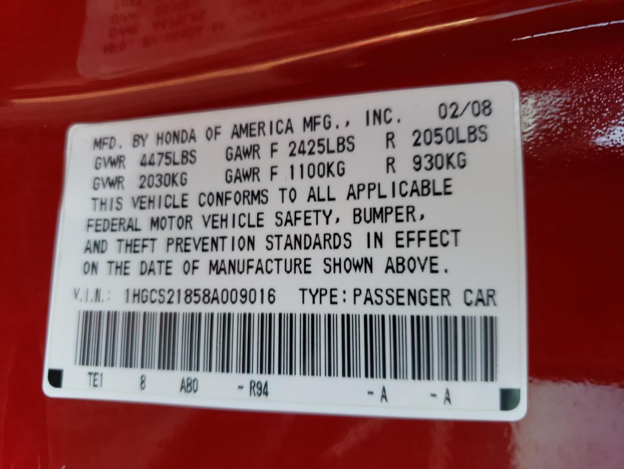 Photo 10 from auction – 2008 HONDA ACCORD EXL with VIN 1HGCS21858A009016