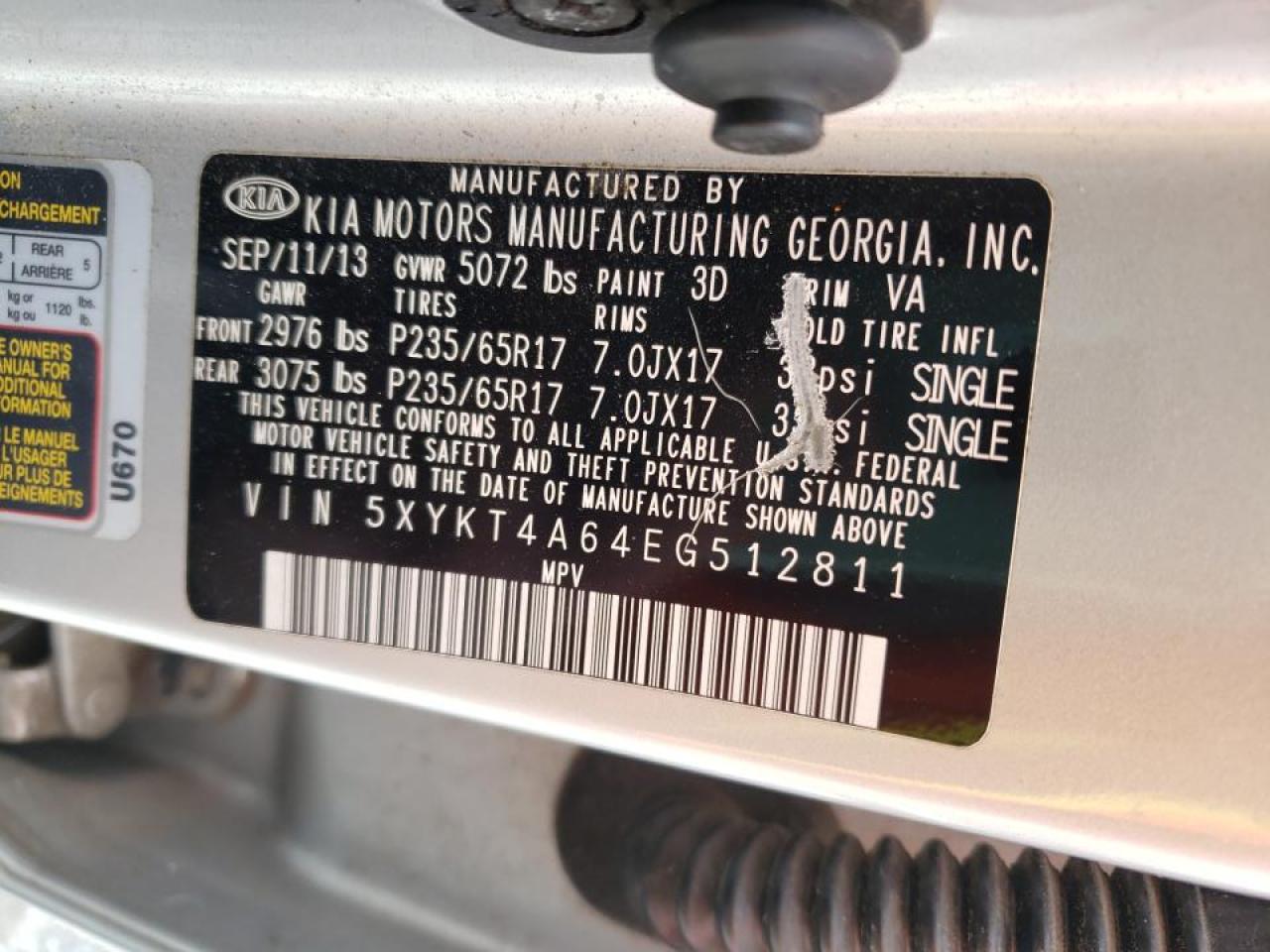 Photo 10 from auction – 2014 KIA SORENTO LX with VIN 5XYKT4A64EG512811