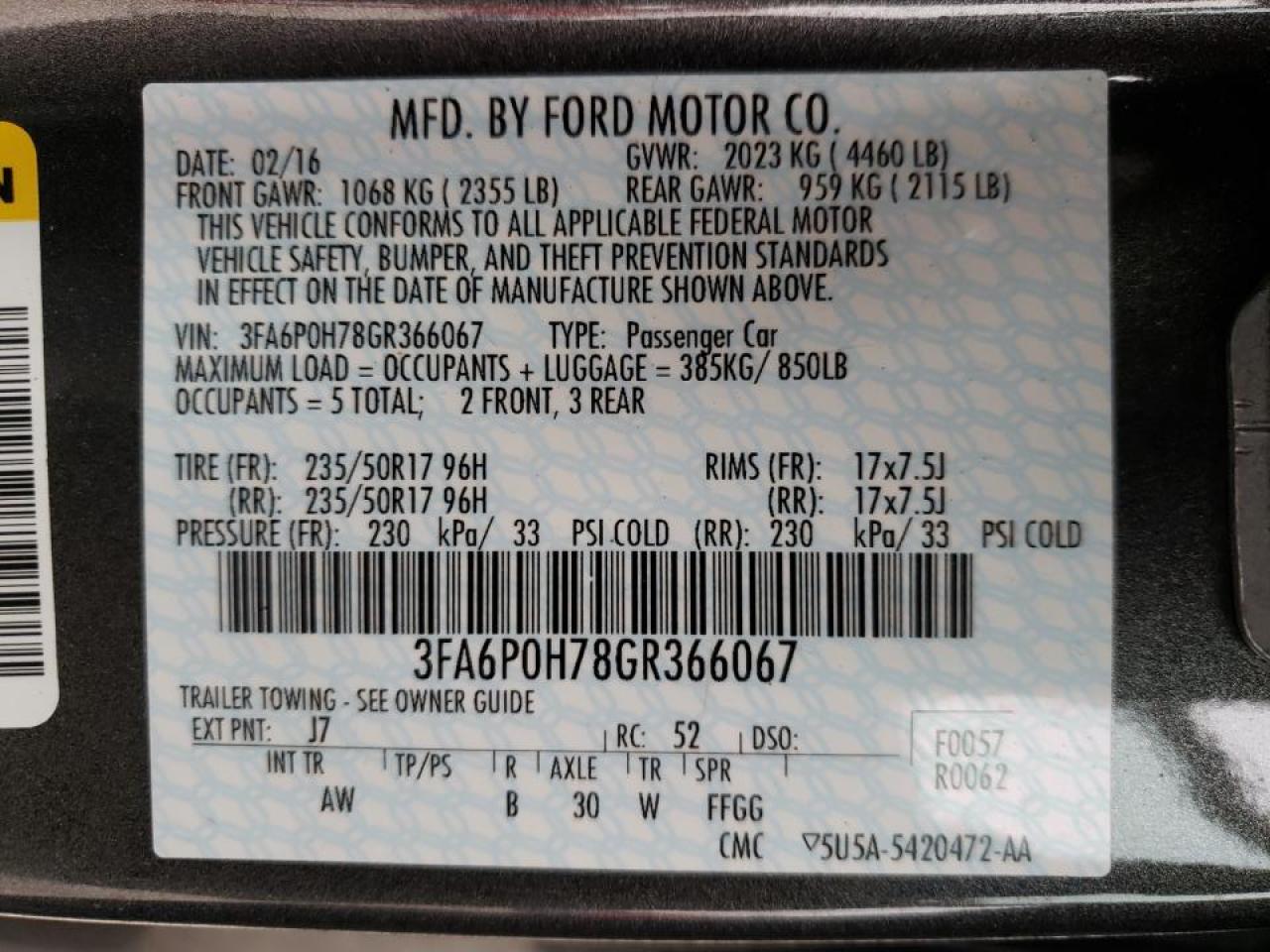 Photo 10 from auction – 2016 FORD FUSION SE with VIN 3FA6P0H78GR366067