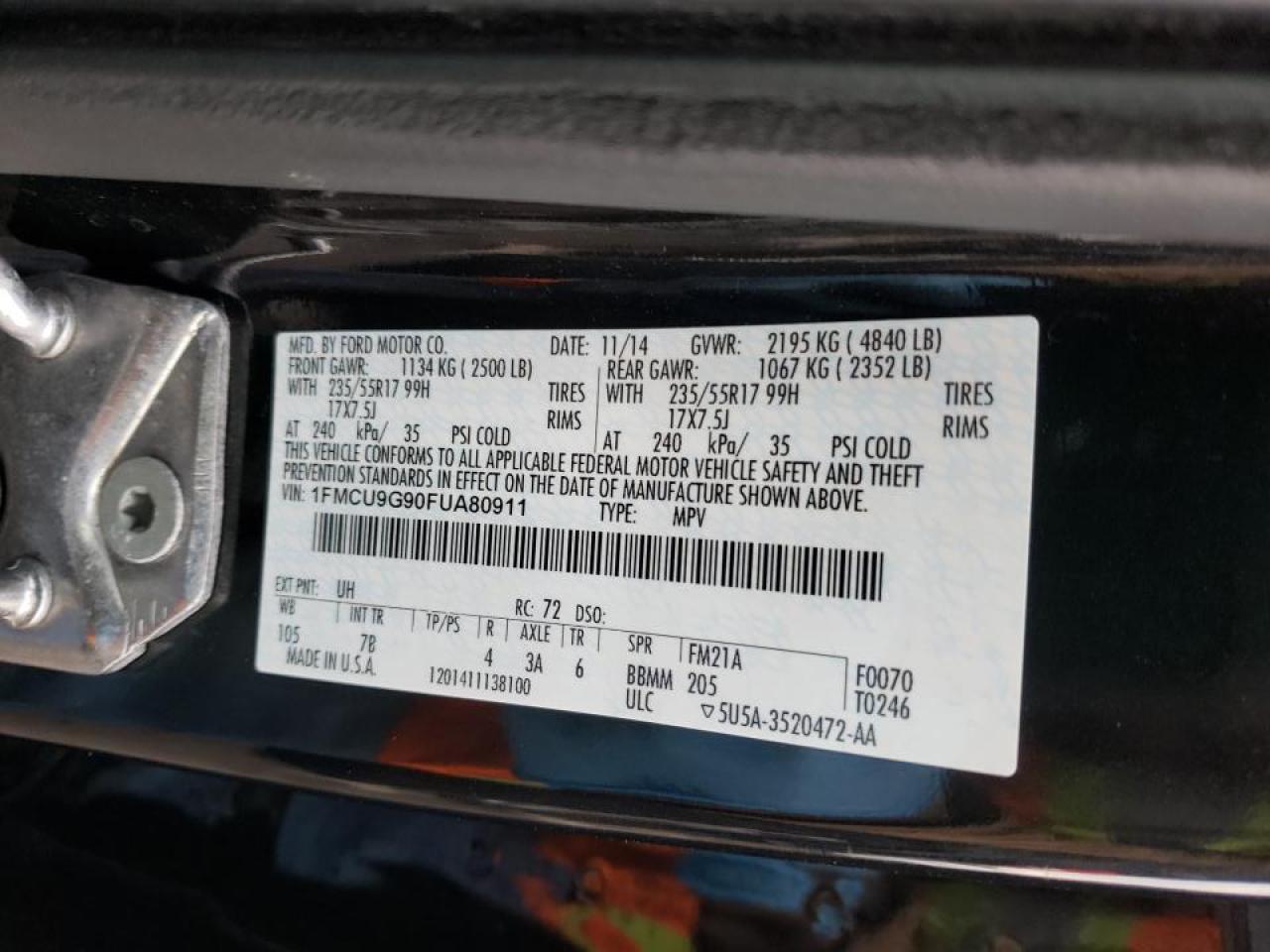 Photo 10 from auction – 2015 FORD ESCAPE SE with VIN 1FMCU9G90FUA80911