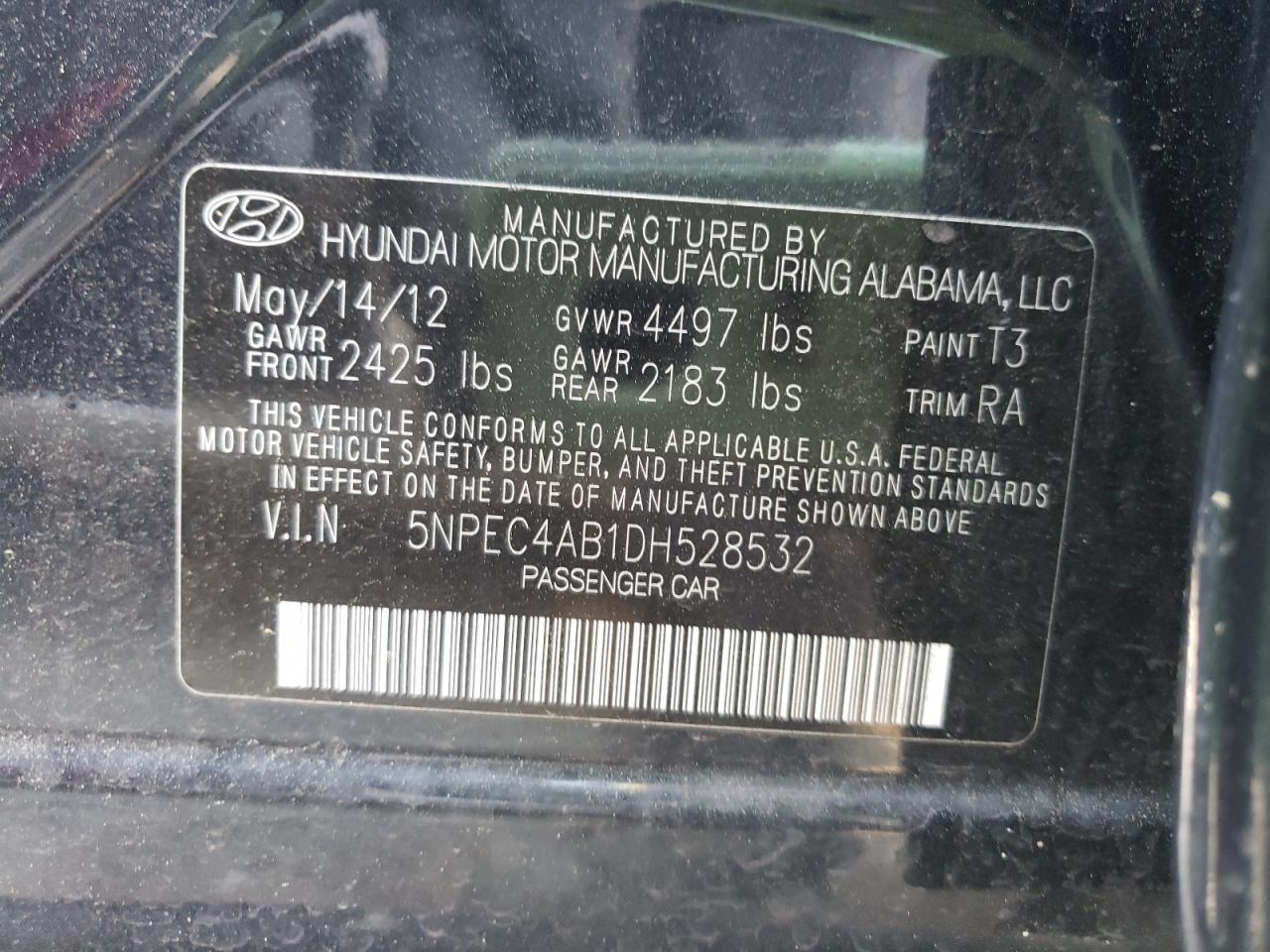 Photo 2 from auction – 2013 HYUNDAI SONATA SE with VIN 5NPEC4AB1DH528532