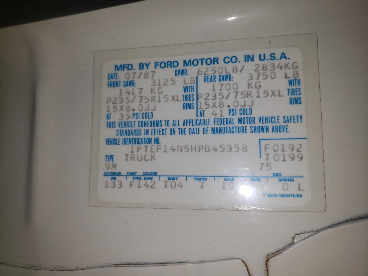 Photo 10 from auction – 1987 FORD F150 with VIN 1FTEF14N5HPB45358