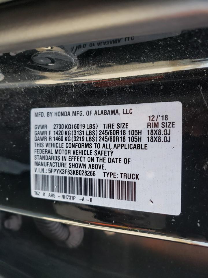 Photo 10 from auction – 2019 HONDA RIDGELINE with VIN 5FPYK3F63KB028266