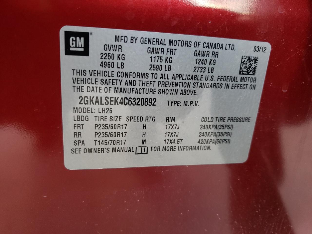 Photo 10 from auction – 2012 GMC TERRAIN SL with VIN 2GKALSEK4C6320892