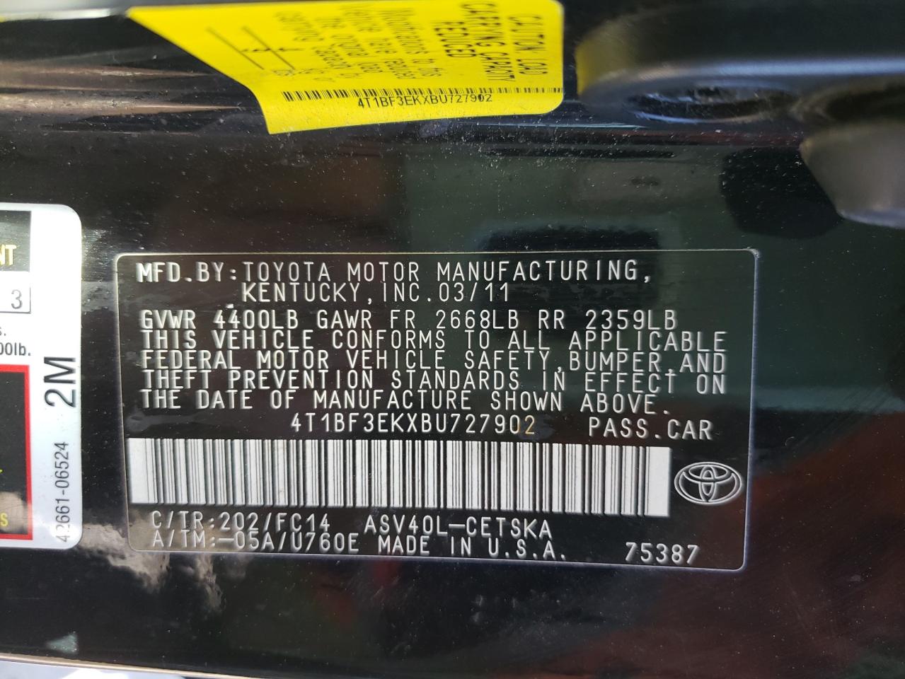 Photo 10 from auction – 2011 TOYOTA CAMRY BASE with VIN 4T1BF3EKXBU727902