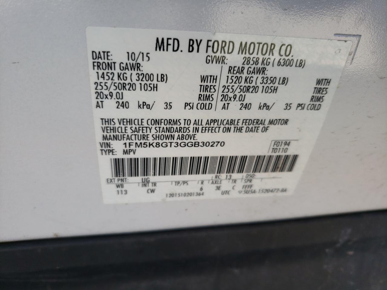 Photo 10 from auction – 2016 FORD EXPLORER S with VIN 1FM5K8GT3GGB30270