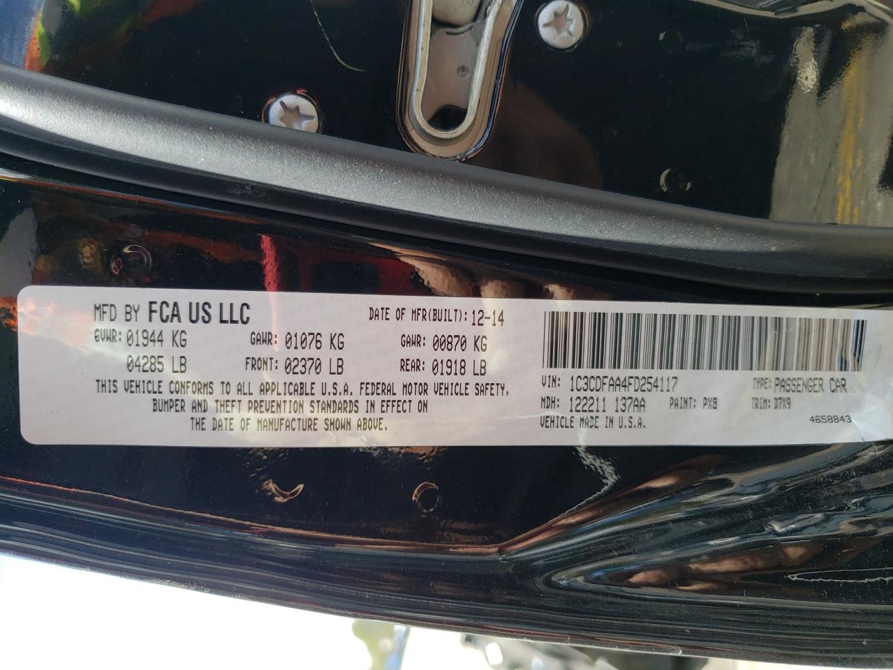 Photo 10 from auction – 2015 DODGE DART SE with VIN 1C3CDFAA4FD254117