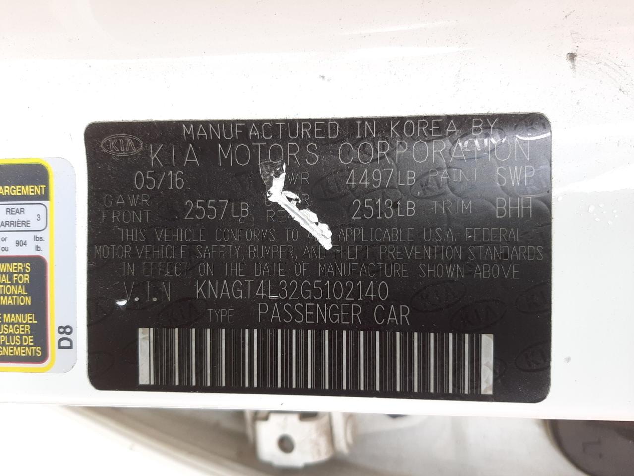 Photo 10 from auction – 2016 KIA OPTIMA LX with VIN KNAGT4L32G5102140