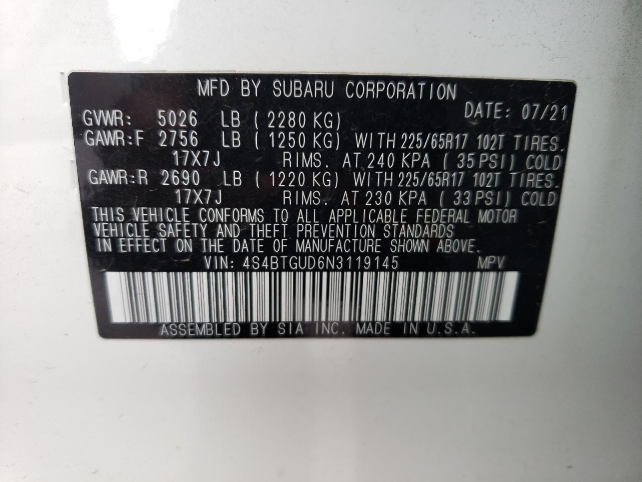 Photo 10 from auction – 2022 SUBARU OUTBACK WI with VIN 4S4BTGUD6N3119145