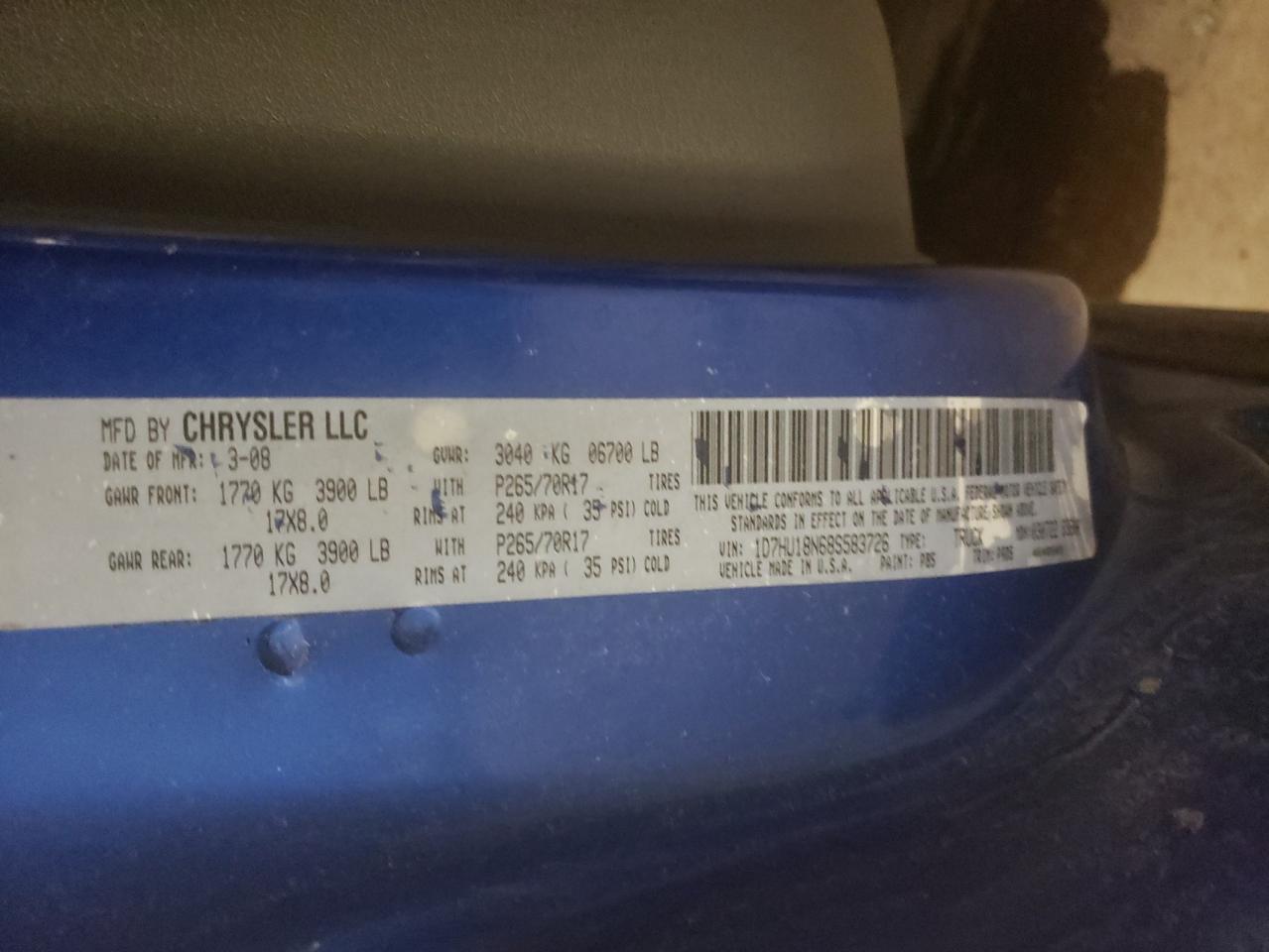 Photo 10 from auction – 2008 DODGE RAM 1500 S with VIN 1D7HU18N68S583726