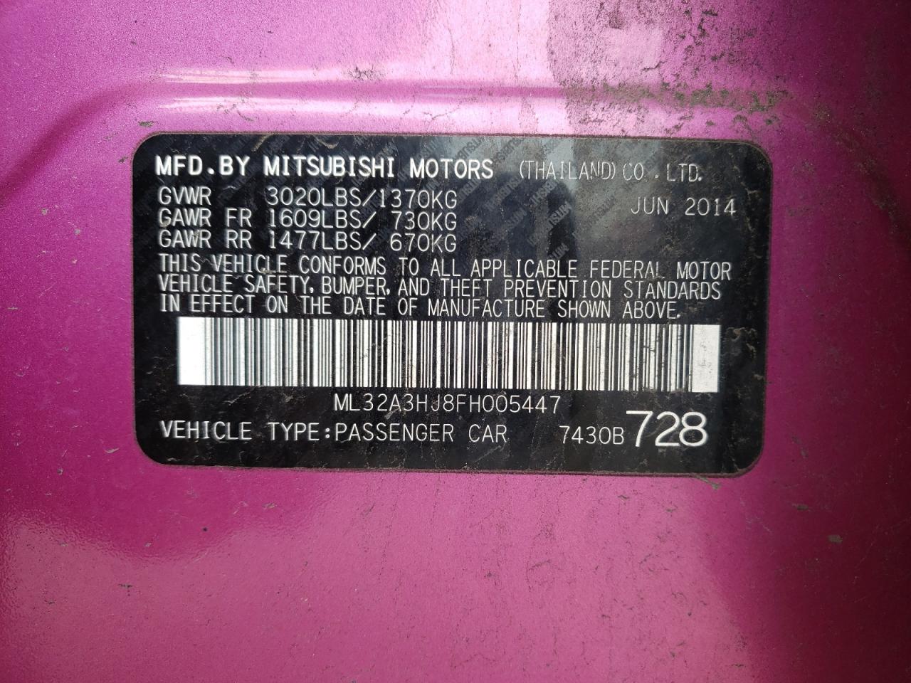 Photo 10 from auction – 2015 MITSUBISHI MIRAGE DE with VIN ML32A3HJ8FH005447