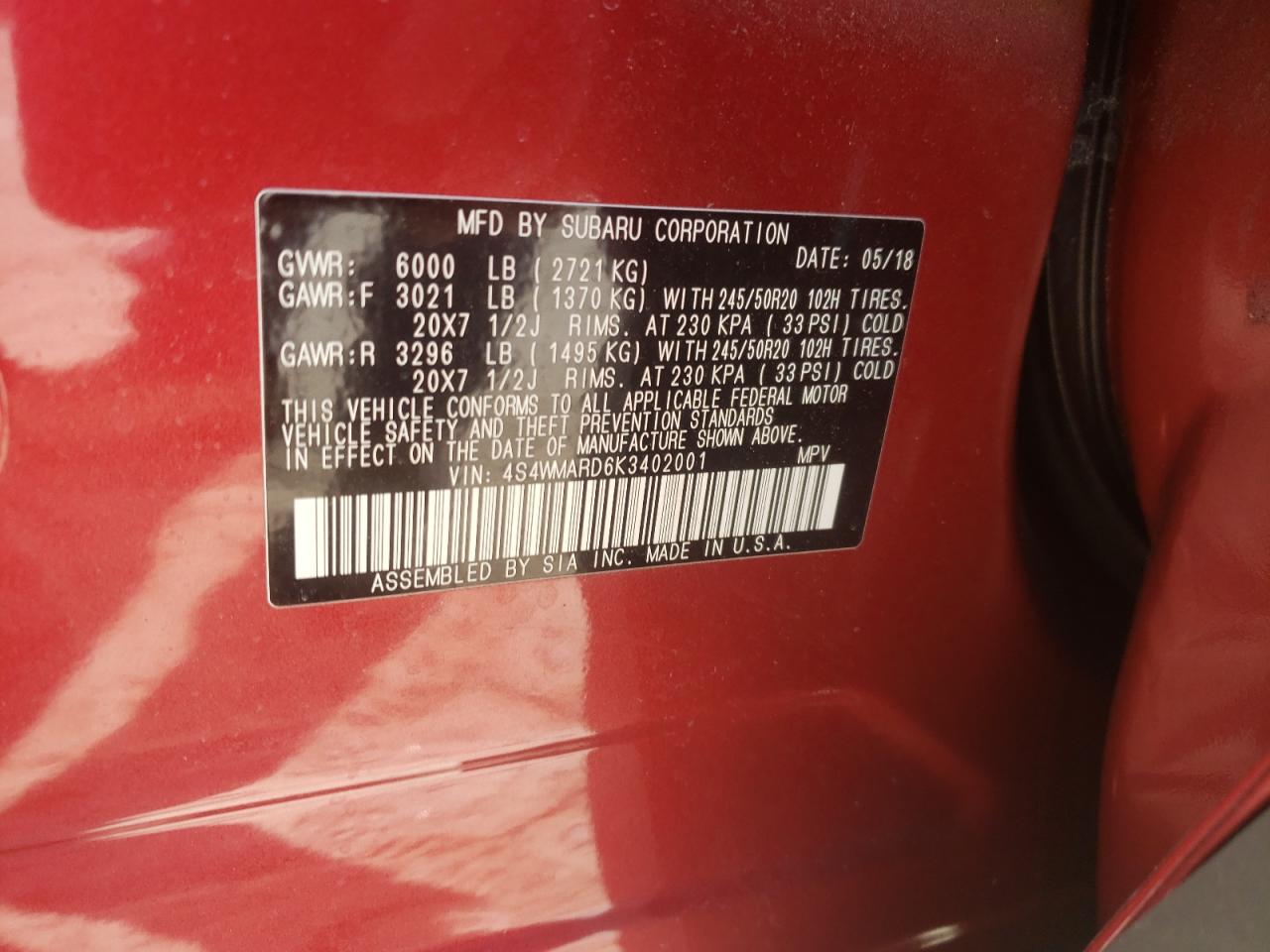 Photo 10 from auction – 2019 SUBARU ASCENT TOU with VIN 4S4WMARD6K3402001