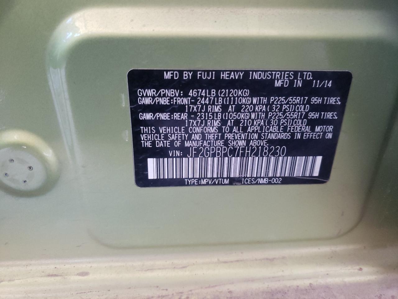 Photo 10 from auction – 2015 SUBARU XV CROSSTR with VIN JF2GPBPC7FH218230
