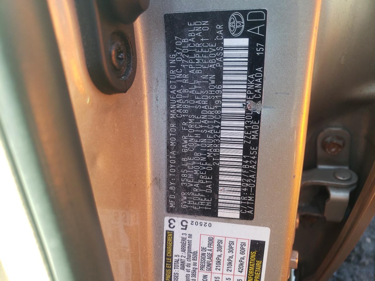 Photo 10 from auction – 2007 TOYOTA COROLLA with VIN 2T1BR32E47C819196