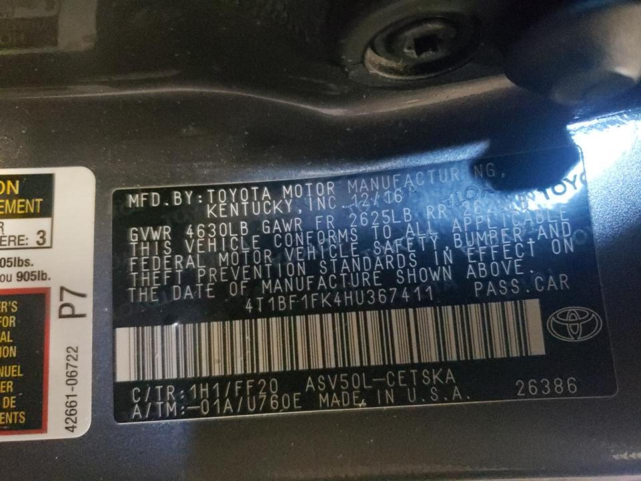 Photo 10 from auction – 2017 TOYOTA CAMRY LE with VIN 4T1BF1FK4HU367411