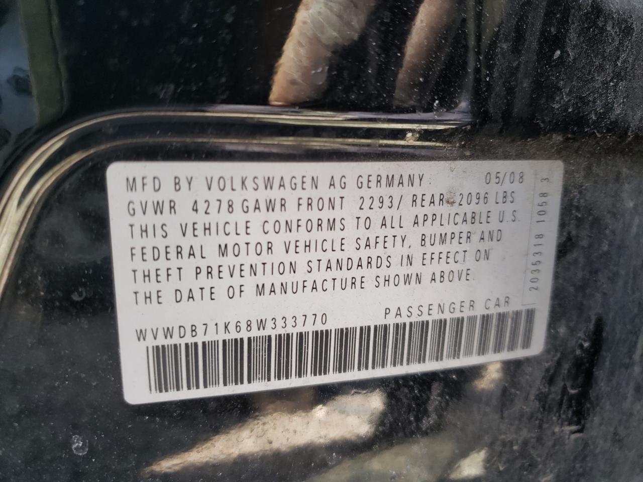 Photo 10 from auction – 2008 VOLKSWAGEN RABBIT with VIN WVWDB71K68W333770