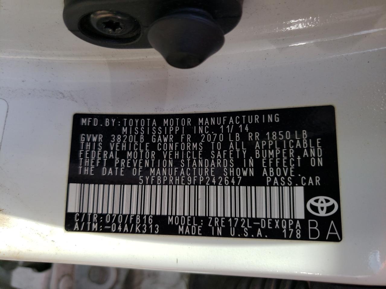 Photo 10 from auction – 2015 TOYOTA COROLLA EC with VIN 5YFBPRHE9FP242647
