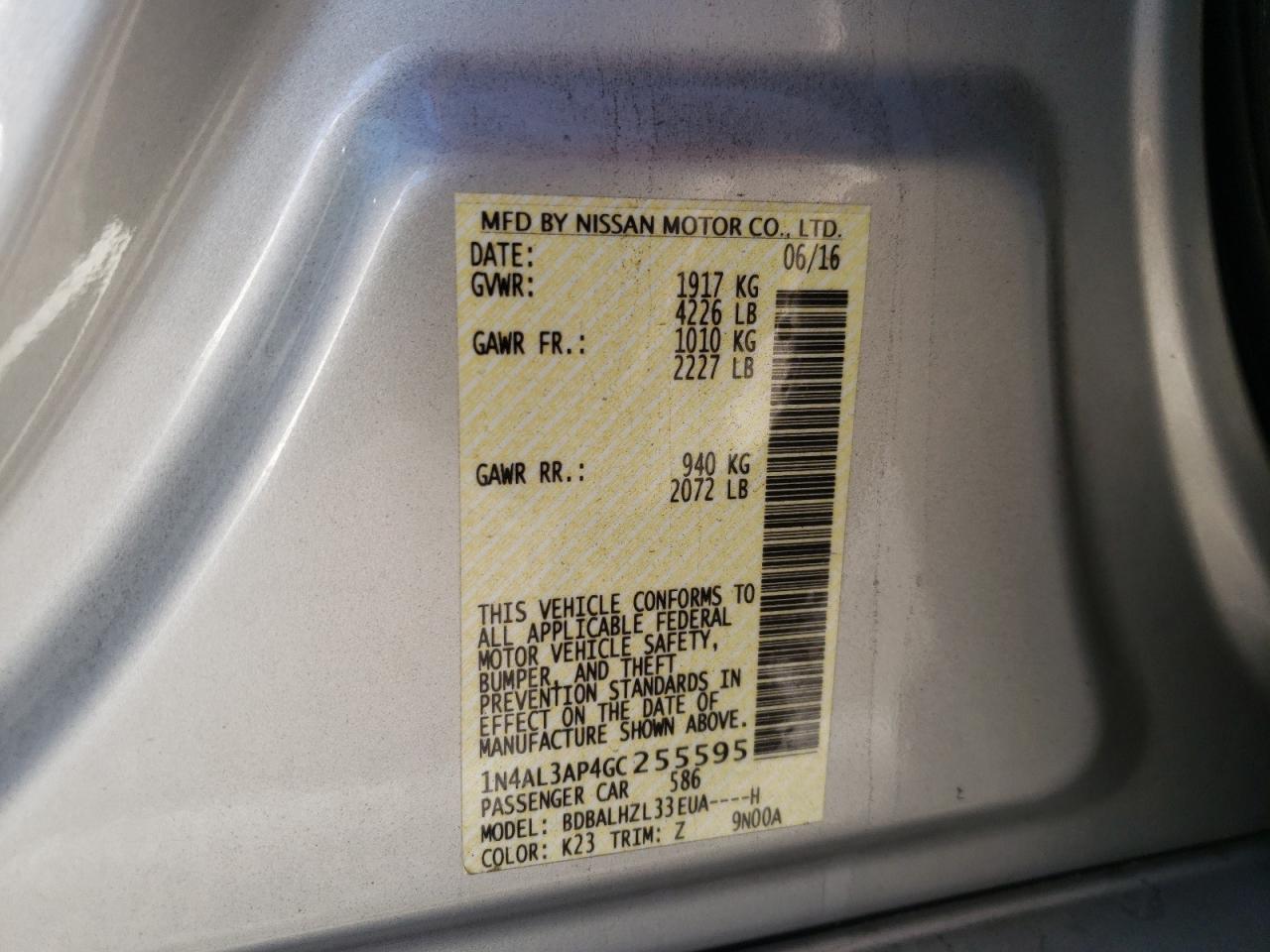 Photo 10 from auction – 2016 NISSAN ALTIMA 2.5 with VIN 1N4AL3AP4GC255595