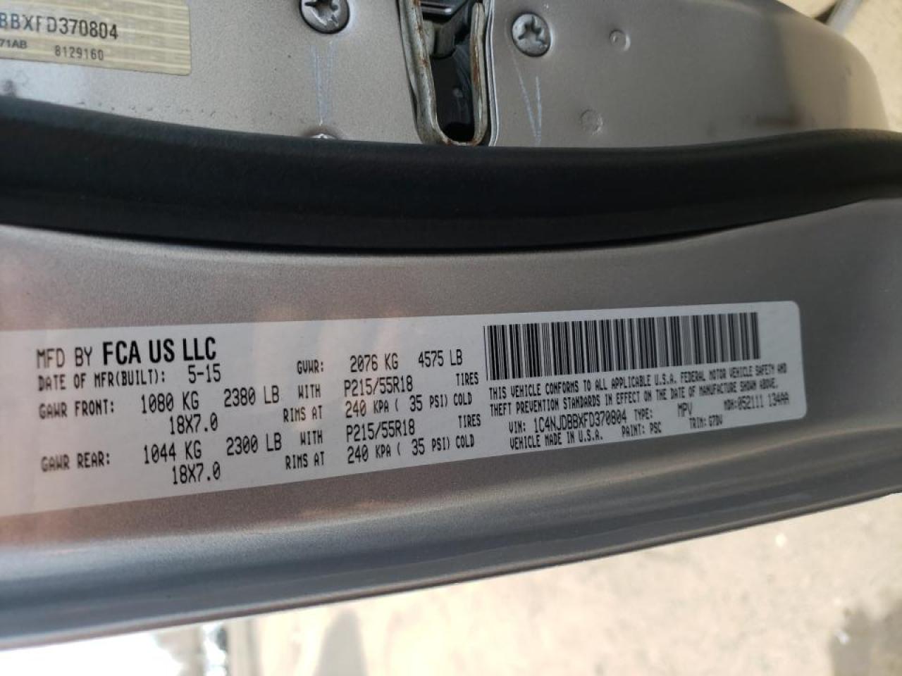 Photo 10 from auction – 2015 JEEP COMPASS SP with VIN 1C4NJDBBXFD370804