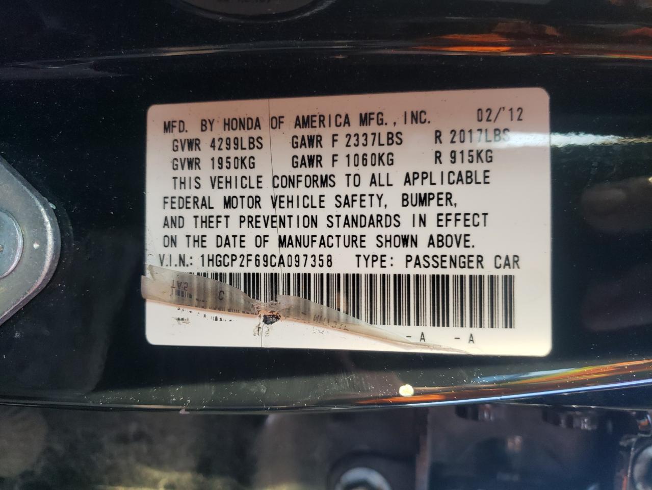 Photo 10 from auction – 2012 HONDA ACCORD SE with VIN 1HGCP2F69CA097358