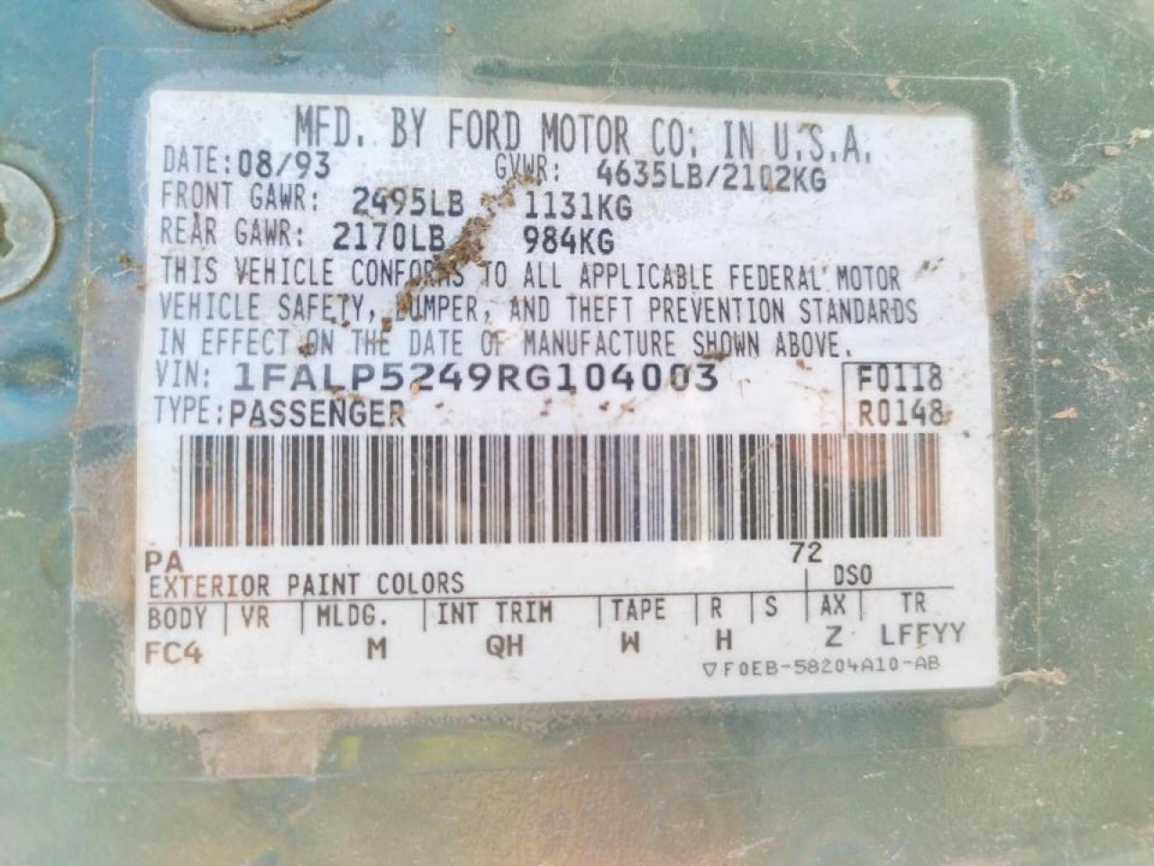 Photo 10 from auction – 1994 FORD TAURUS GL with VIN 1FALP5249RG104003