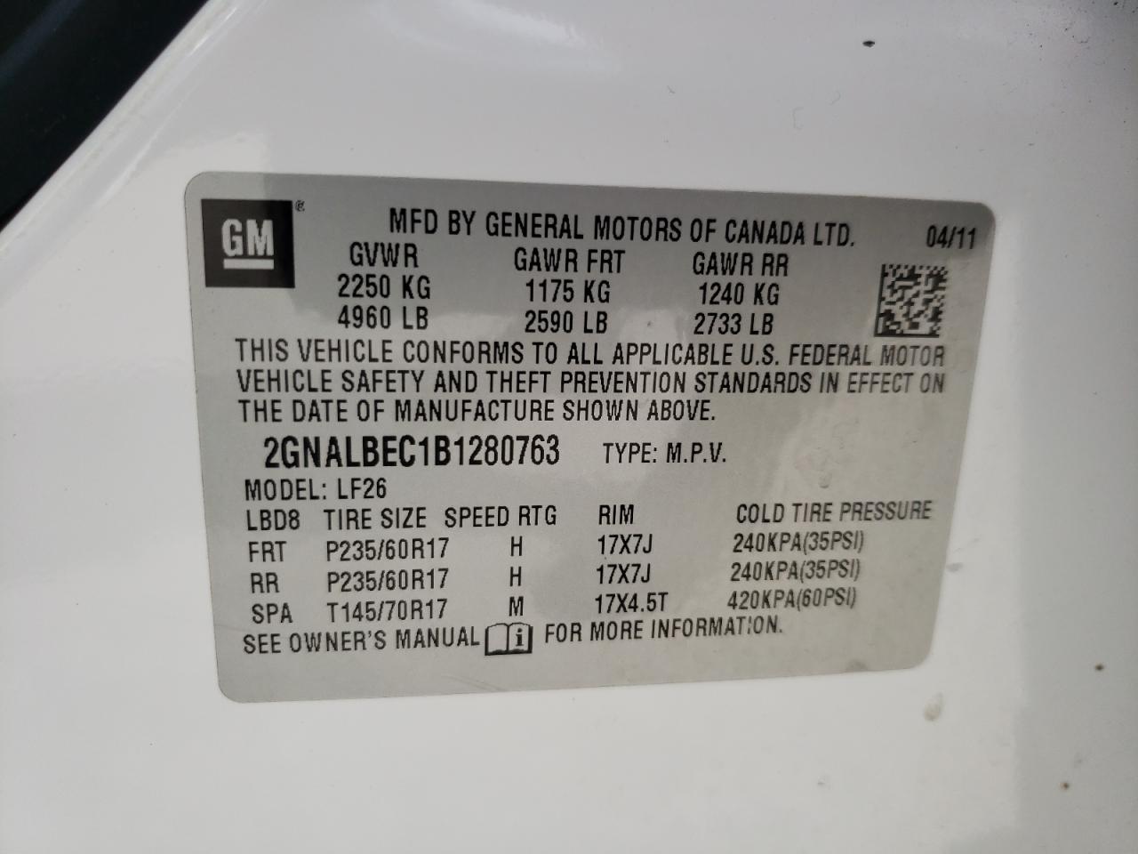 Photo 10 from auction – 2011 CHEVROLET EQUINOX LS with VIN 2GNALBEC1B1280763