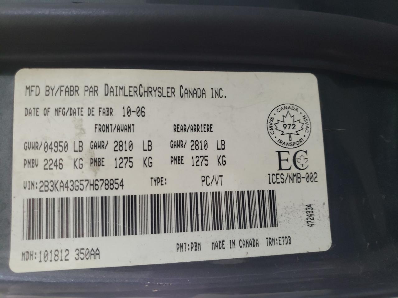 Photo 10 from auction – 2007 DODGE CHARGER SE with VIN 2B3KA43G57H678854
