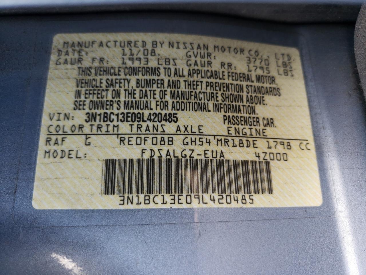 Photo 10 from auction – 2009 NISSAN VERSA with VIN 3N1BC13E09L420485