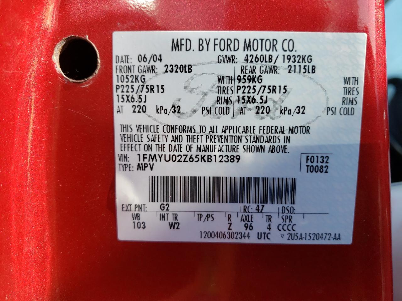 Photo 10 from auction – 2005 FORD ESCAPE XLS with VIN 1FMYU02Z65KB12389