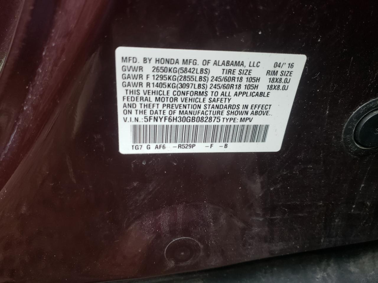 Photo 10 from auction – 2016 HONDA PILOT EX with VIN 5FNYF6H30GB082875