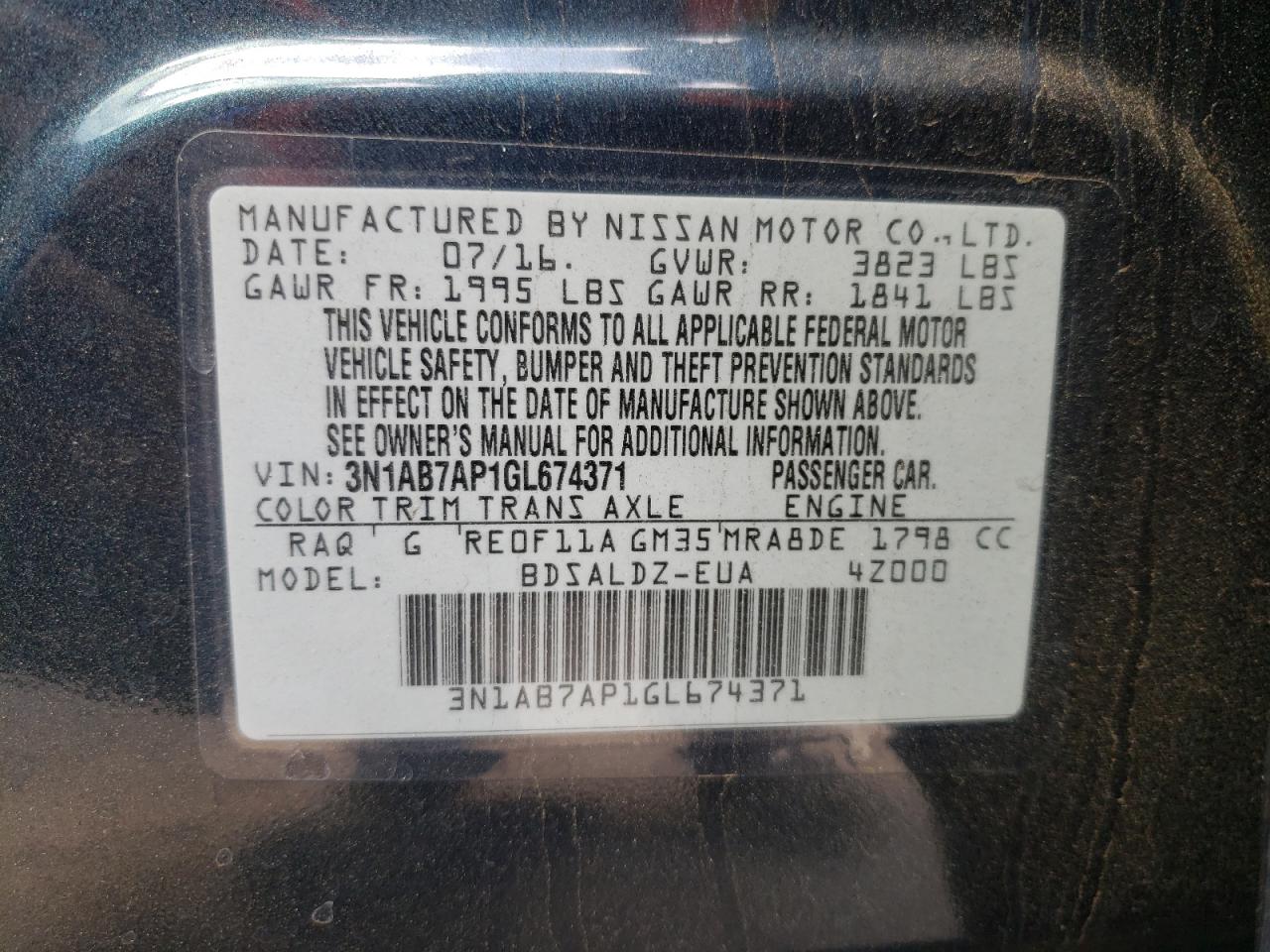 Photo 10 from auction – 2016 NISSAN SENTRA S with VIN 3N1AB7AP1GL674371
