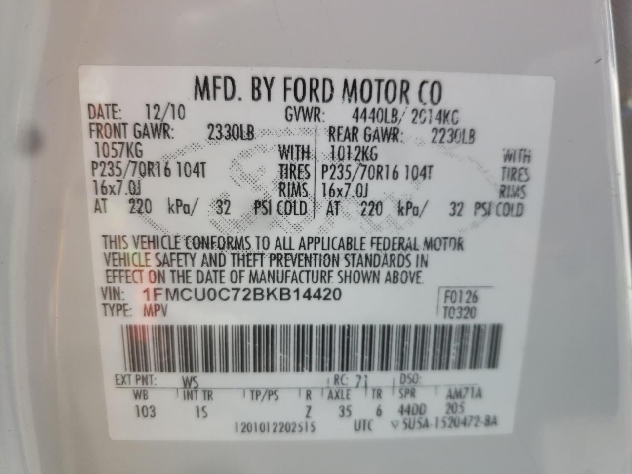 Photo 10 from auction – 2011 FORD ESCAPE XLS with VIN 1FMCU0C72BKB14420