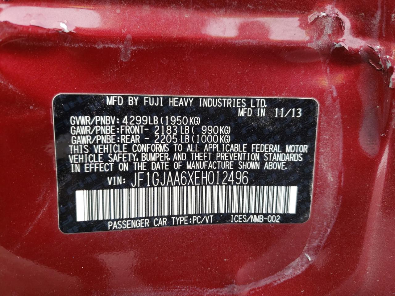 Photo 10 from auction – 2014 SUBARU IMPREZA with VIN JF1GJAA6XEH012496