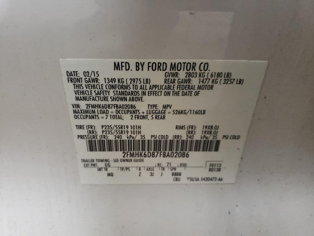 Photo 10 from auction – 2015 FORD FLEX LIMIT with VIN 2FMHK6D87FBA02086