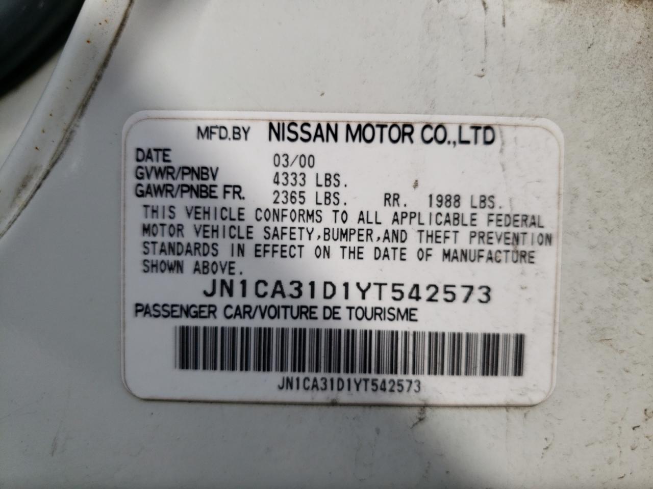 Photo 10 from auction – 2000 NISSAN MAXIMA GLE with VIN JN1CA31D1YT542573