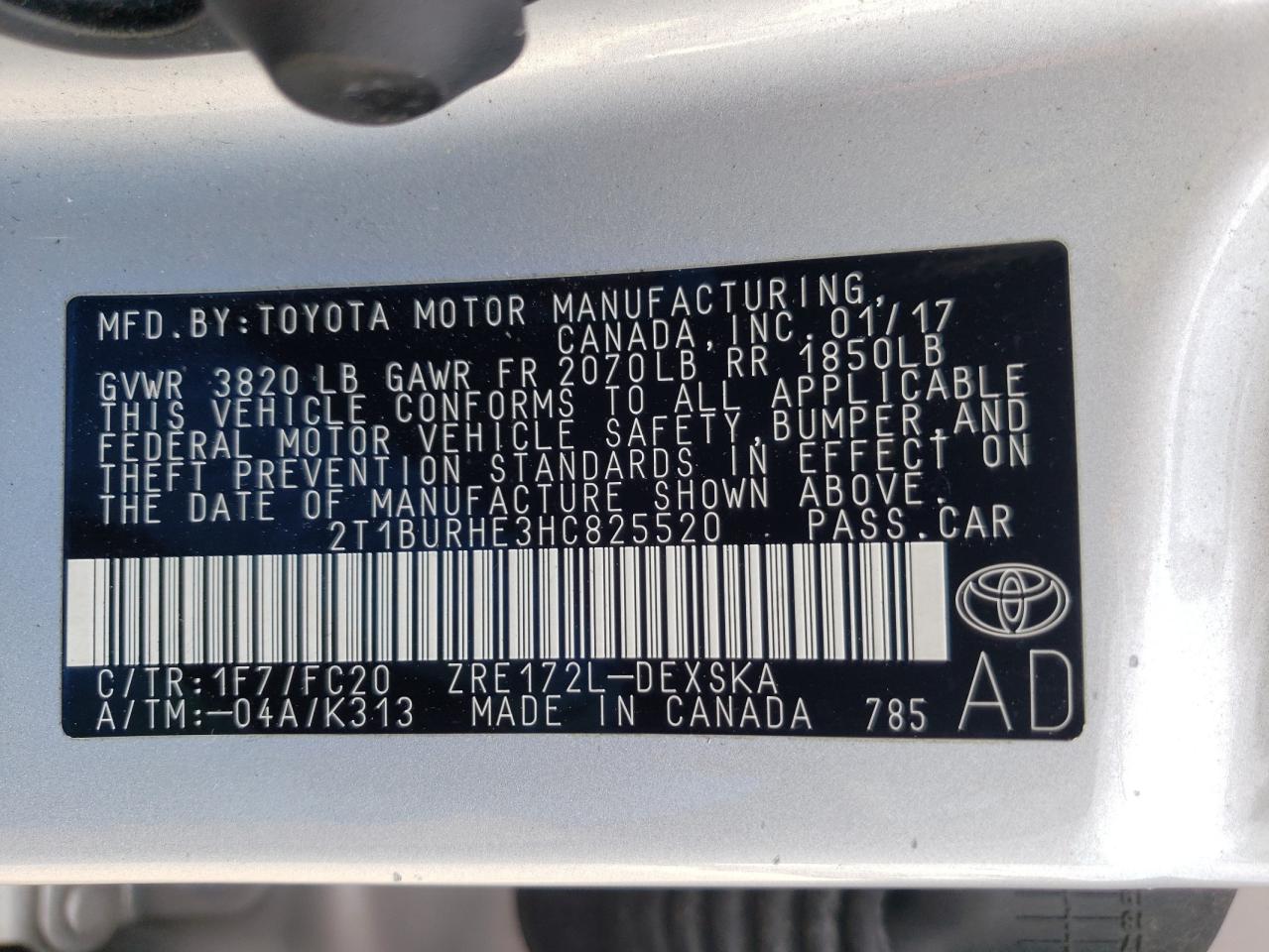Photo 10 from auction – 2017 TOYOTA COROLLA L with VIN 2T1BURHE3HC825520
