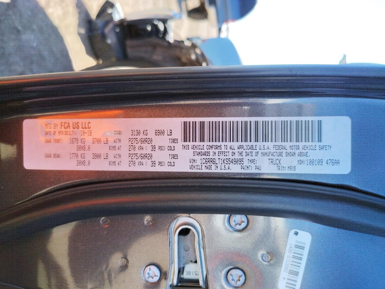 Photo 10 from auction – 2019 RAM 1500 CLASS with VIN 1C6RR6LT1KS549095