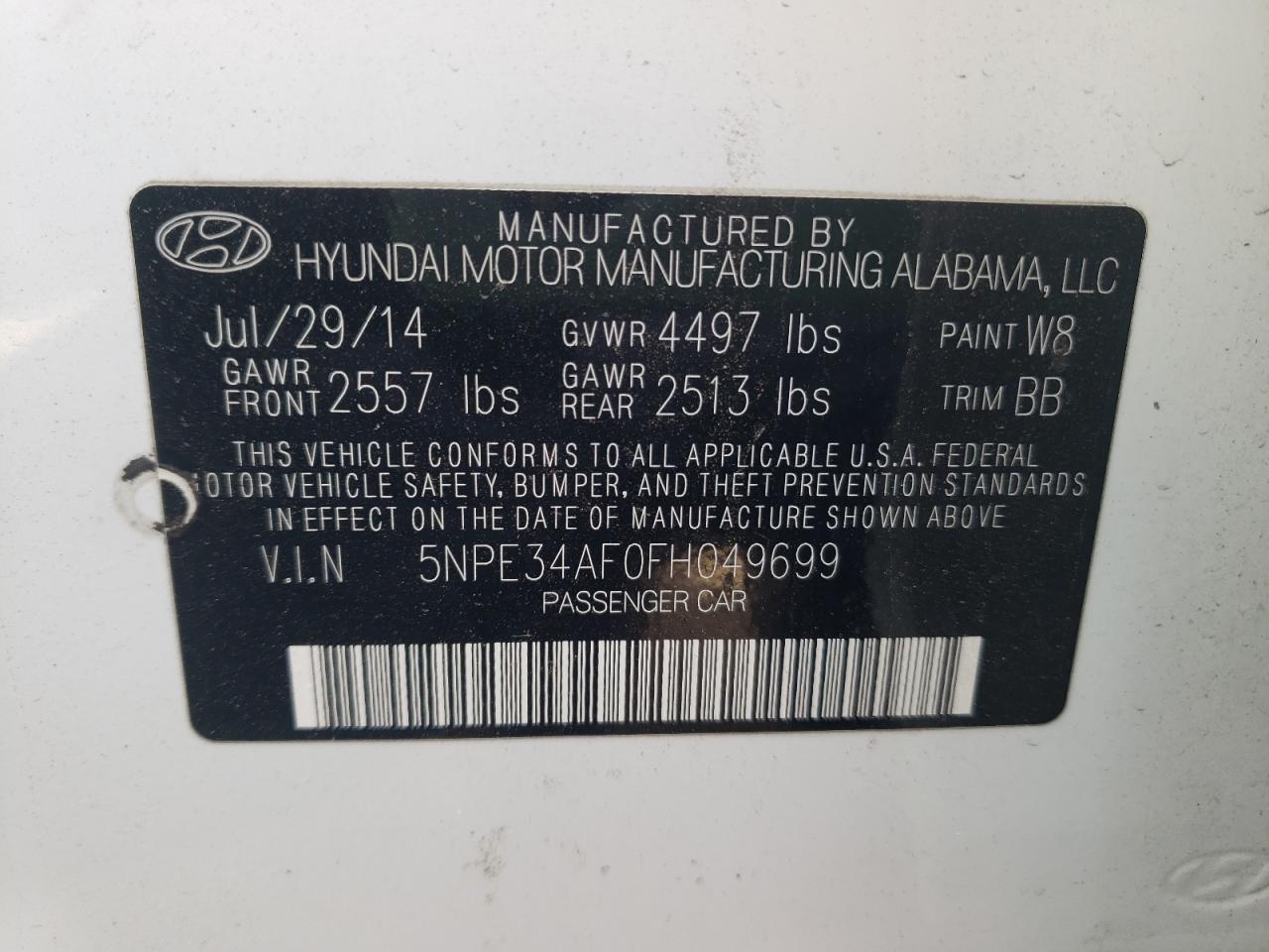 Photo 10 from auction – 2015 HYUNDAI SONATA SPO with VIN 5NPE34AF0FH049699