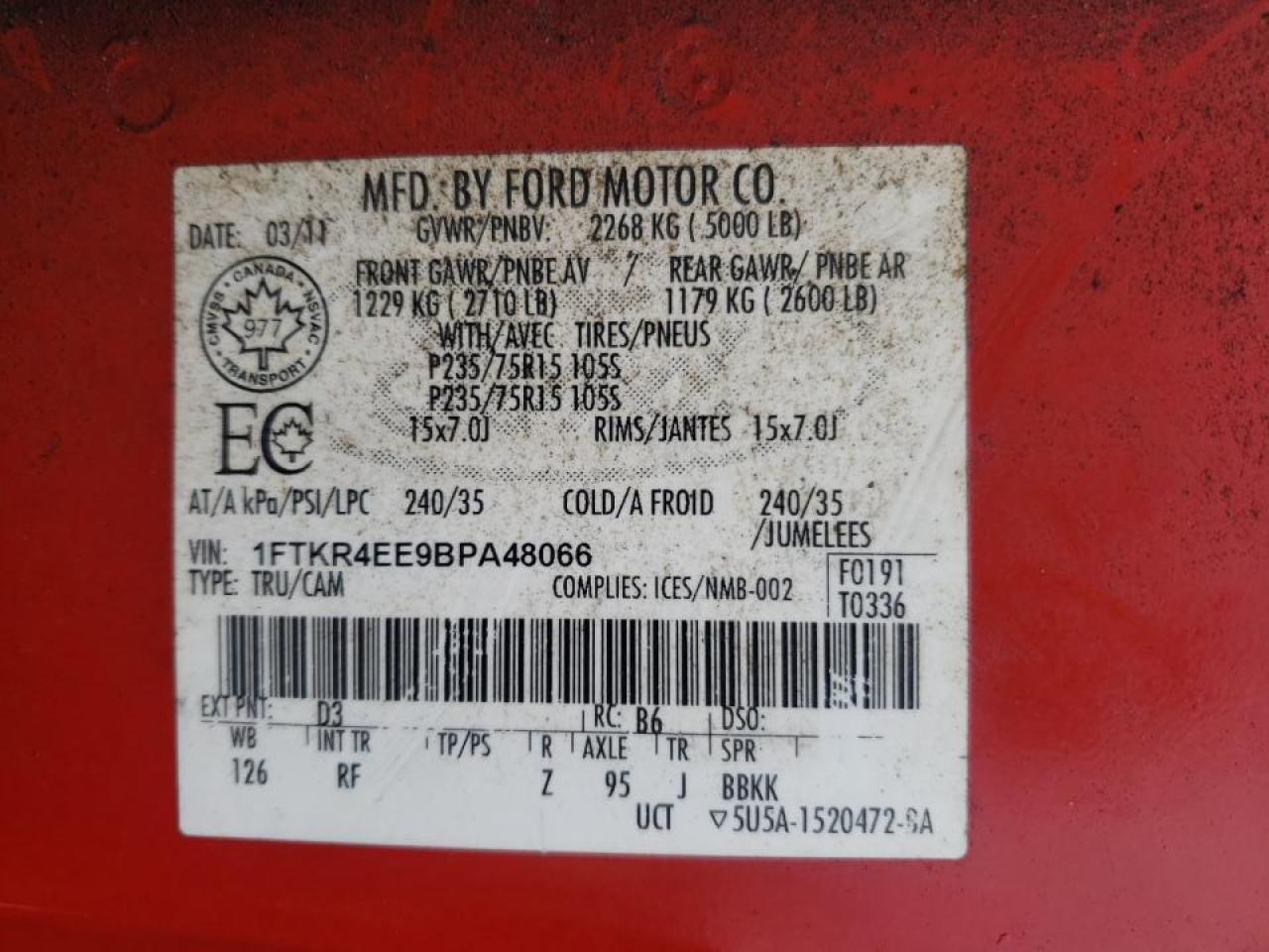 Photo 10 from auction – 2011 FORD RANGER SUP with VIN 1FTKR4EE9BPA48066
