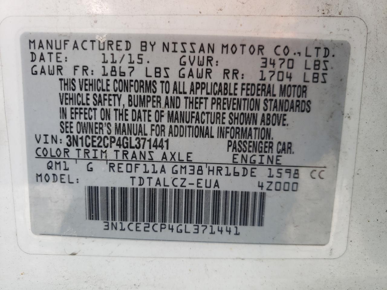 Photo 10 from auction – 2016 NISSAN VERSA NOTE with VIN 3N1CE2CP4GL371441