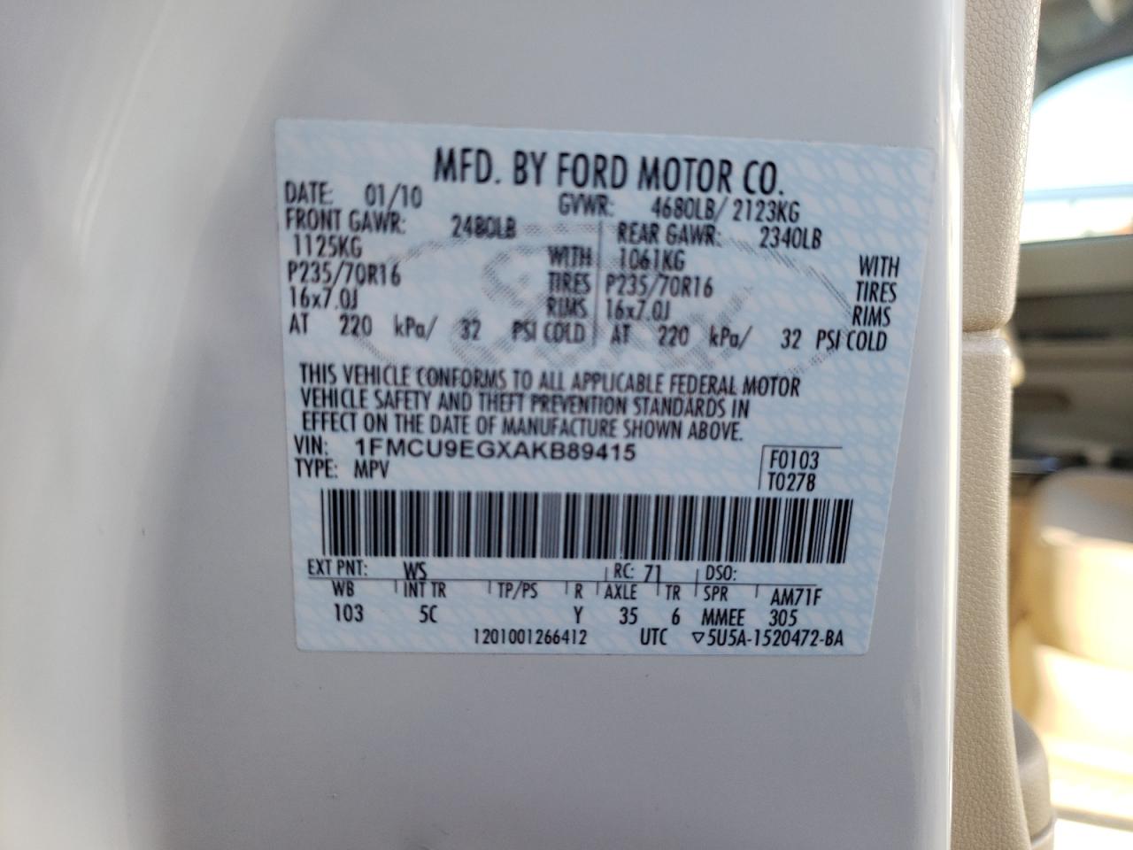 Photo 10 from auction – 2010 FORD ESCAPE LIM with VIN 1FMCU9EGXAKB89415