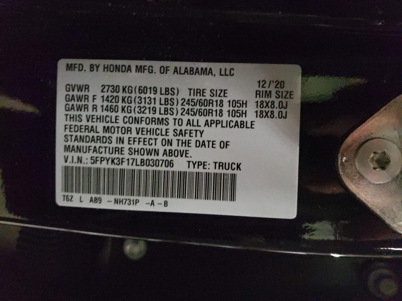 Photo 10 from auction – 2020 HONDA RIDGELINE with VIN 5FPYK3F17LB030706