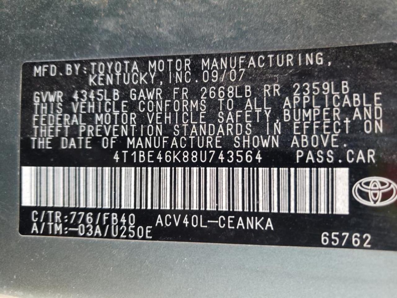 Photo 10 from auction – 2008 TOYOTA CAMRY CE with VIN 4T1BE46K88U743564