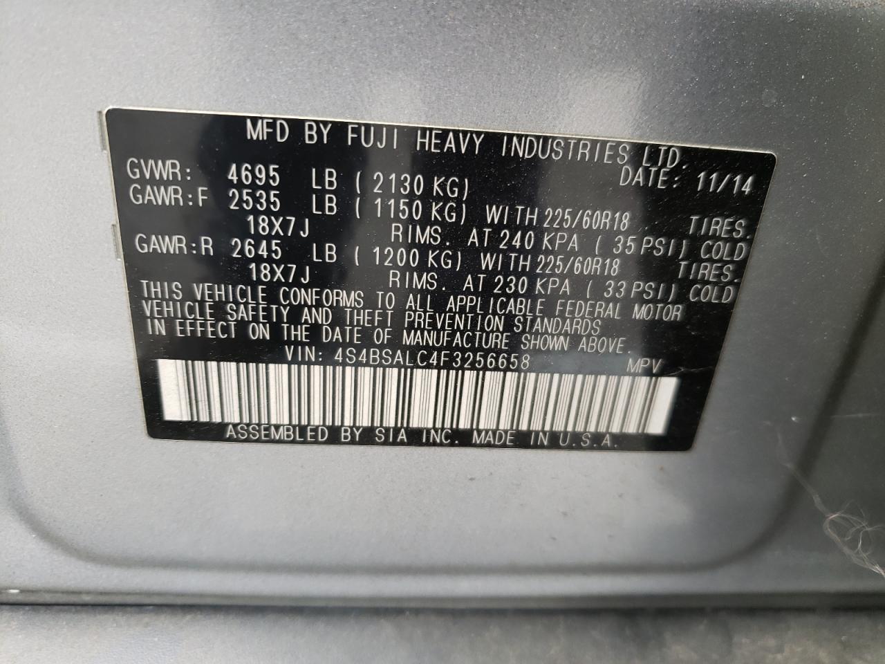 Photo 10 from auction – 2015 SUBARU OUTBACK 2. with VIN 4S4BSALC4F3256658