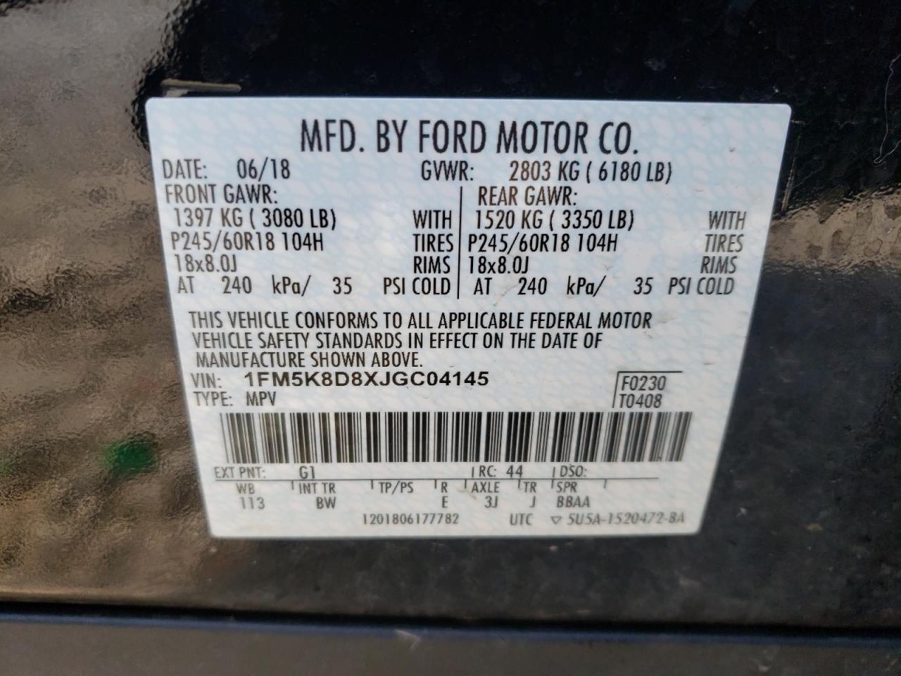 Photo 10 from auction – 2018 FORD EXPLORER X with VIN 1FM5K8D8XJGC04145