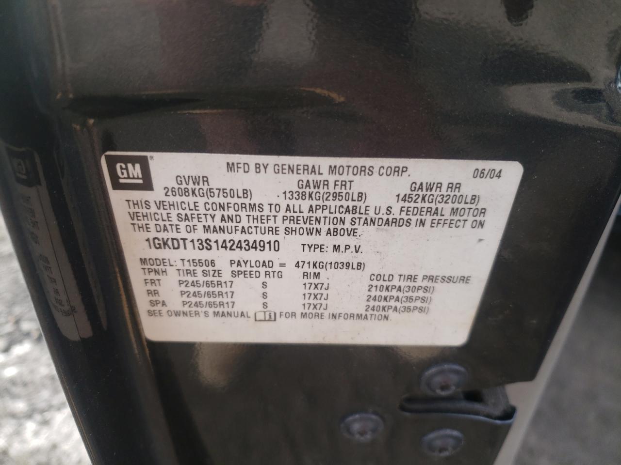 Zdjęcie 10 z aukcji – 2004 GMC ENVOY z VIN 1GKDT13S142434910