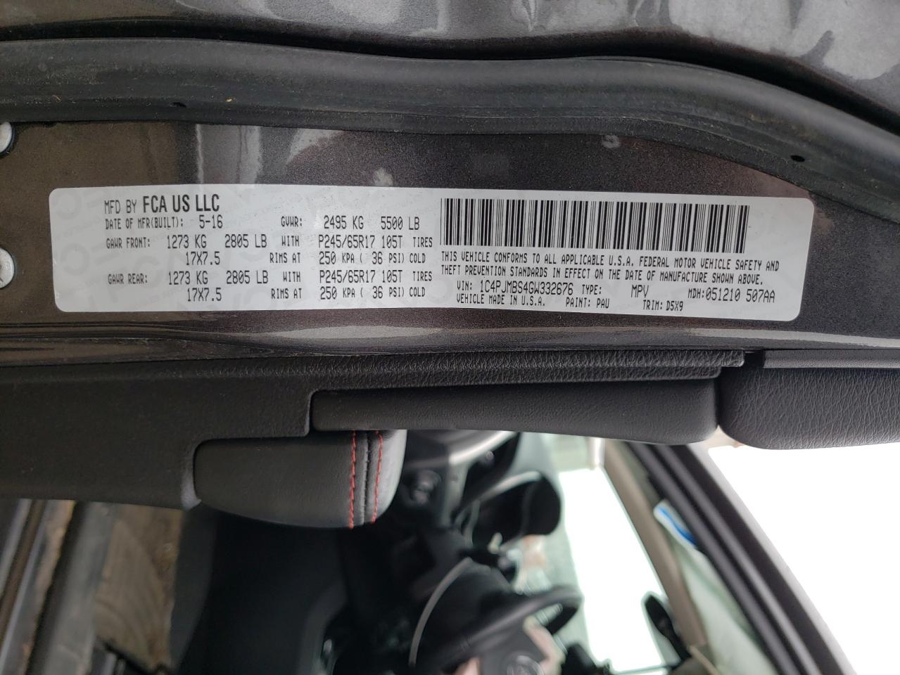 Photo 10 from auction – 2016 JEEP CHEROKEE T with VIN 1C4PJMBS4GW332676